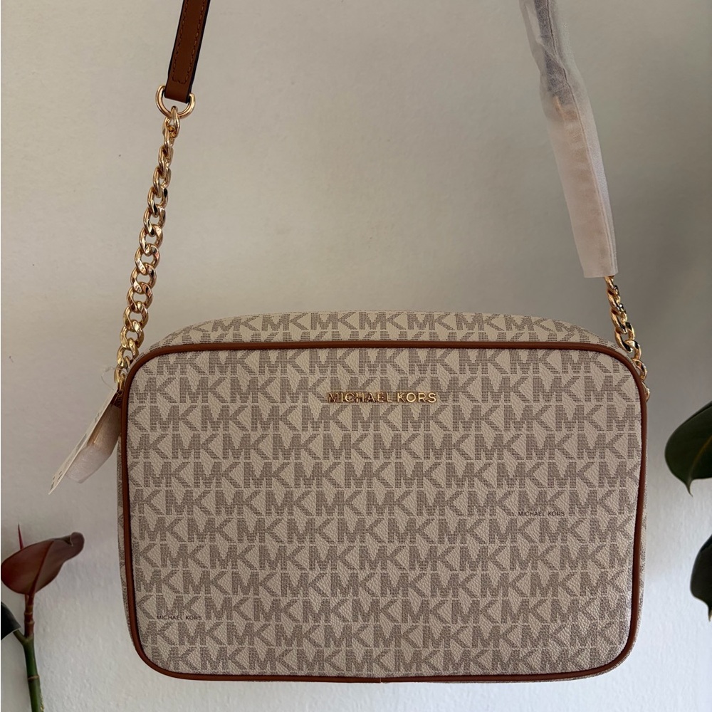 Michael Kors Cream & Brown MK Signature Crossbody Bag